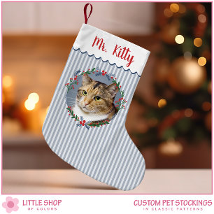 Meia De Natal Pequena Guirlanda perene de listras azuis Foto de gato de 