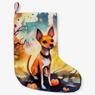 Meia De Natal Pequena Halloween Basenji Com Abóboras Assustador