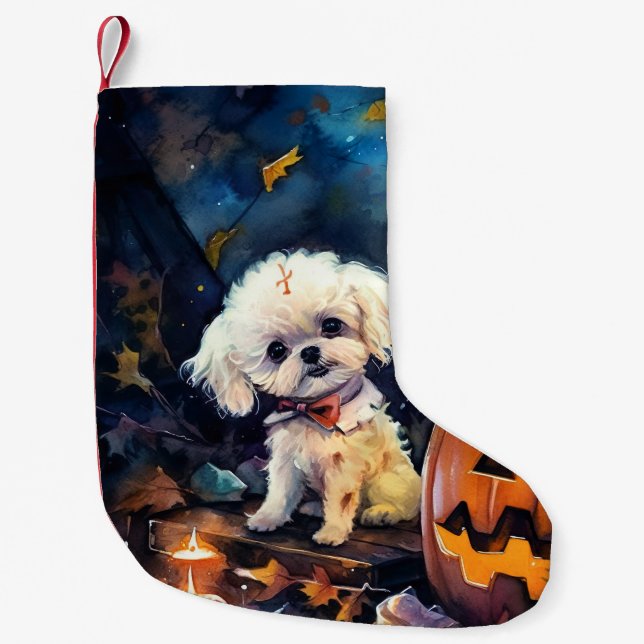 Meia De Natal Pequena Halloween Bichon Frise Com Pumpkins Assustado (Frente)