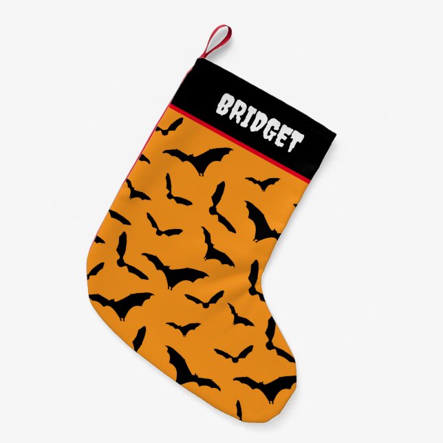Meia De Natal Pequena Halloween Gótica Bats Laranja e Preto (Frente (Pendurada))