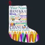 Meia De Natal Pequena Hanukkah Collage e Estrelas do Arco-íris<br><div class="desc">Só para o caso de precisar de um estoque de Hanukkah...  Aqui está uma cheia de símbolos e palavras relacionadas ao feriado. Personalize.</div>