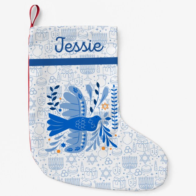 Meia De Natal Pequena Hanukkah Elegance: Festival Judaísmo Azul e Branco (Frente)