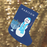 Meia De Natal Pequena Hanukkah Jewish Snowman Menorah SML Chrismukkah<br><div class="desc">Personalize este adorável estoque de neve para Chrismukkah ou Hanukkah. Este natal de dois lados ou o estoque de Chrismukkah é fácil de personalizar com um nome em texto branco sobre o fundo azul escuro usando modelos de texto fáceis. Em seu brilhante cachecol azul Estrela de David com seu próprio...</div>