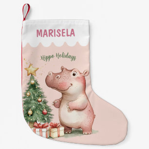 Meia De Natal Pequena Hippo Kids Crianças Fofas Nome Personalizado Rosa 
