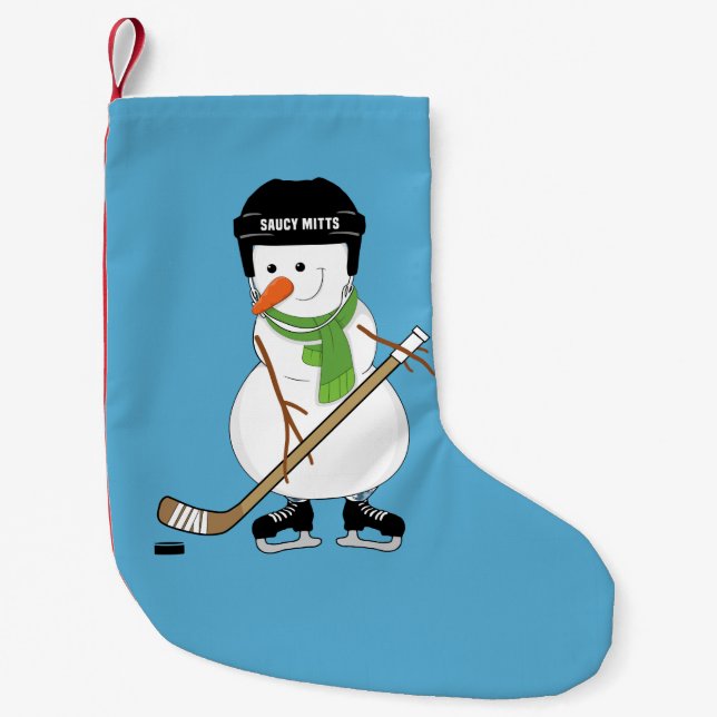 Meia De Natal Pequena Hockey com boneco de neve e Natal de Skates (Frente)