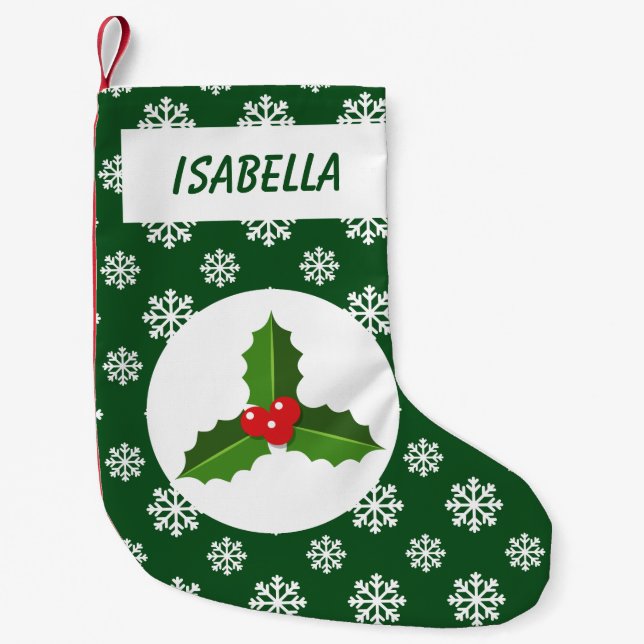 Meia De Natal Pequena Holly Snowflakes Personalizado Verde (Frente)