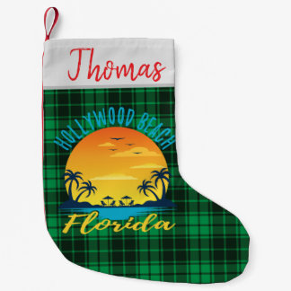 Meia De Natal Pequena Hollywood Beach Florida Retro Sunset Green Xadrez