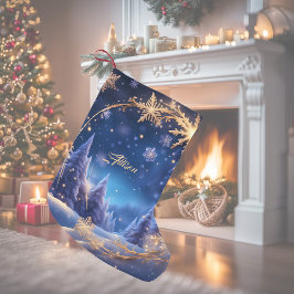 Meia De Natal Pequena Hora mágica de Natal - Flocos de neve ouro em azul