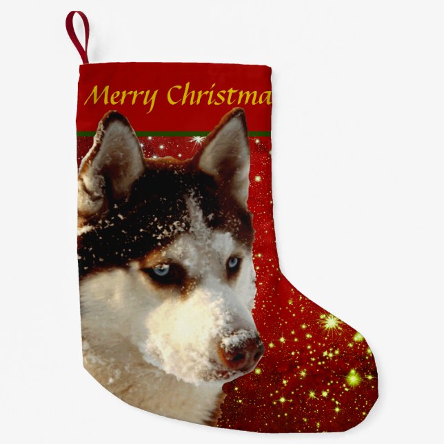 Meia De Natal Pequena Husky Frohe Weihnachten Rot Gold Weihnachtsstrumpf (Frente)