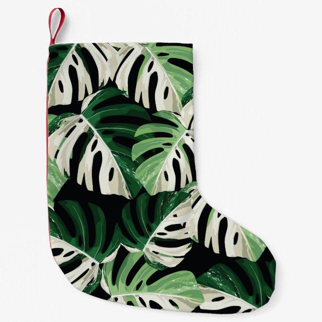 Meia De Natal Pequena Ilustração de folha de monstera verde-tropical. E (Frente)