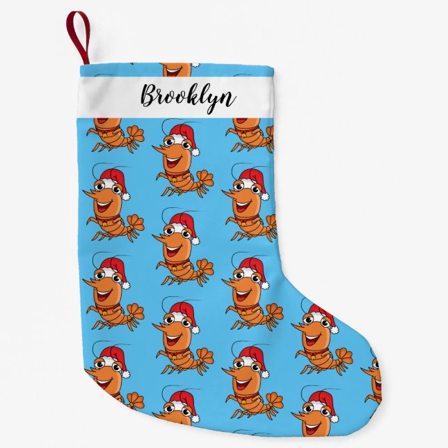 Meia De Natal Pequena Imagem de desenho animado de camarão de Natal feli (Frente)