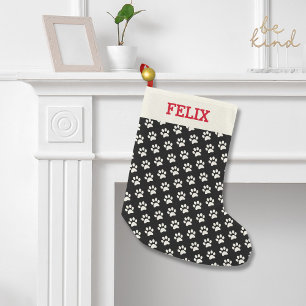 Meia De Natal Pequena Impressão da pata do preto do nome do gato do