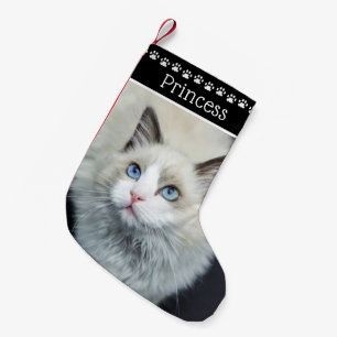 Meia De Natal Pequena Impressões de Paw Preto e Branco do Nome de Foto C