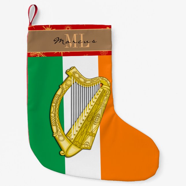 Meia De Natal Pequena Irish Flag stocking, Irlanda, monograma, harp (Frente)