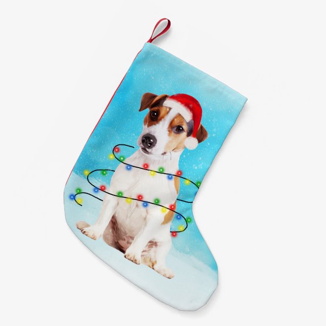 Meia De Natal Pequena jack russell Cachorro na neve com Santa Hat Lights (Frente (Pendurada))