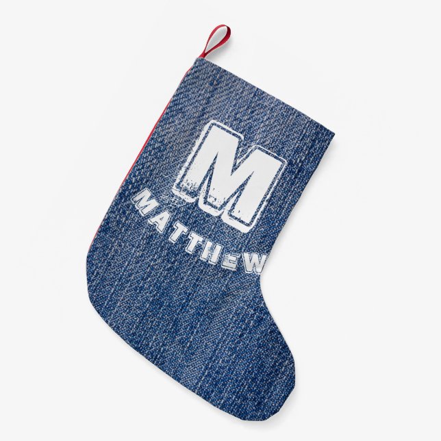 Meia De Natal Pequena Jeans Azuis Nome Personalizado de Natal (Frente (Pendurada))