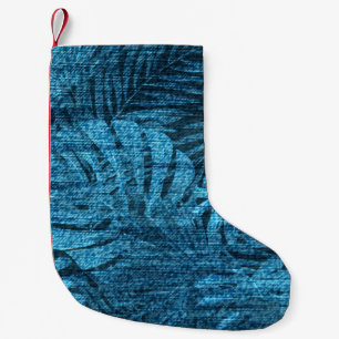 Meia De Natal Pequena Jeans desbotados com padrão de folhas tropicais