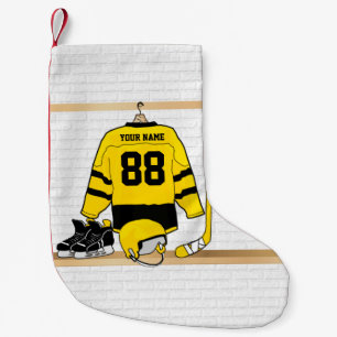 Meia De Natal Pequena Jérsei amarelo e preto personalizado do hóquei e