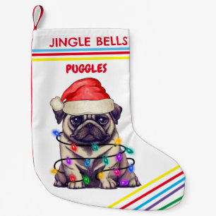 Meia De Natal Pequena JINGLE BELLS PUG Christmas Stocking com nome.