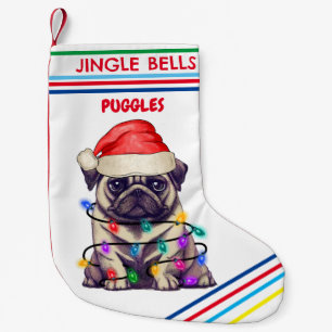 Meia De Natal Pequena JINGLE BELLS PUG Christmas Stocking com nome.