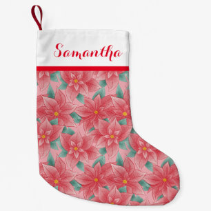 Meia De Natal Pequena Jolly Pink E Red Poinsettia Nome Personalizado
