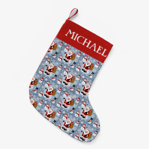 Meia De Natal Pequena Jolly Santa Claus e Snowmen Padrão de Natal