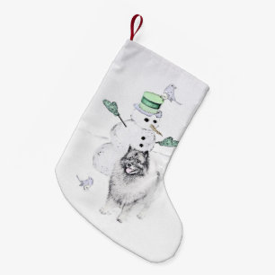 Meia De Natal Pequena Keeshond Christmas Snowman Pinting Art