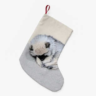 Meia De Natal Pequena Keeshond Dormindo Puppy Pintura Original