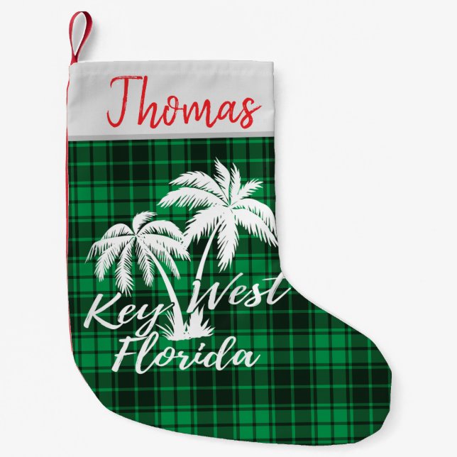 Meia De Natal Pequena Key West Florida Palm Trees Beach Green Xadrez (Frente)