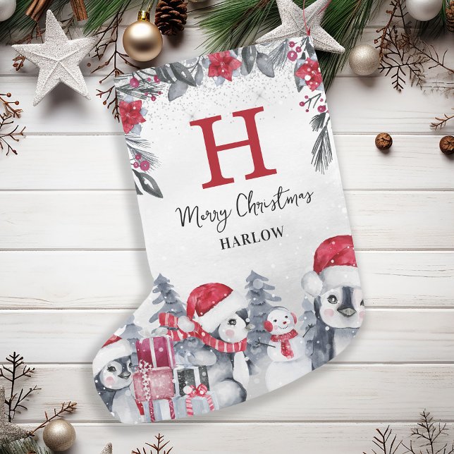 Meia De Natal Pequena Kids Red Penguin Monographic Name (Criador carregado)