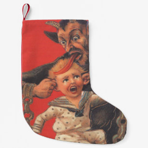Meia De Natal Pequena Krampus Vermelho Puxando as Orelhas dos Meninos