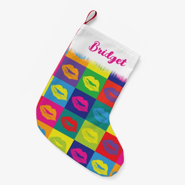 Meia De Natal Pequena Lábios de pop Art Beijos de Natal (Frente (Pendurada))