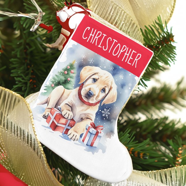 Meia De Natal Pequena Labrador recupera presentes de Natal para pessoas  (Labrador retriever puppy personalized Christmas stockings watercolor cute puppy with gifts pet lover)