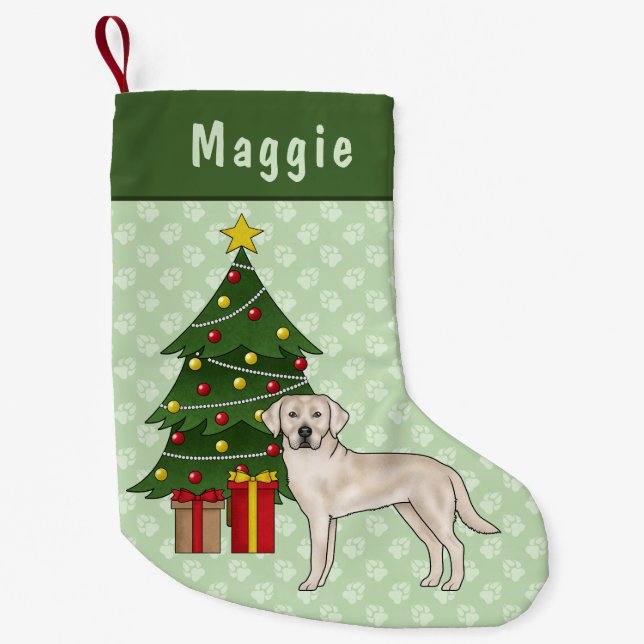 Meia De Natal Pequena Labrador Retriever Creme com Árvore de Natal (Frente)