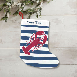 Meia De Natal Pequena Lagosta Vermelha Náutica Monograma Blue Stripe