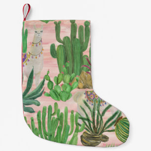 Meia De Natal Pequena Lamas de aquarelas e cactos.
