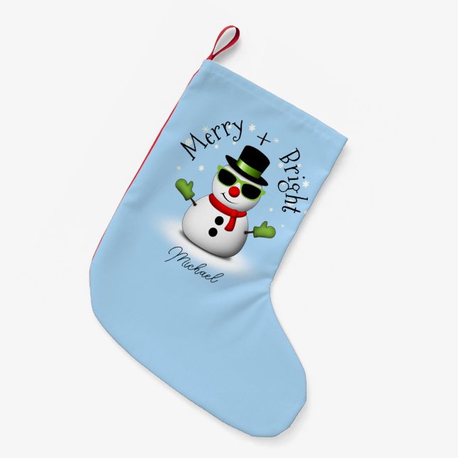 Meia De Natal Pequena Legal Snowman Feliz Bright Natal Nome personalizad (Frente (Pendurada))