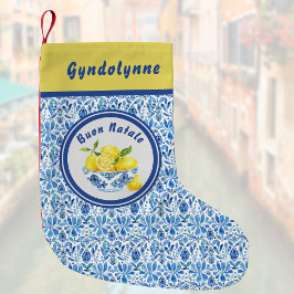 Meia De Natal Pequena Lemon Mediterranean Buon Natale Azulejo Blue Toile