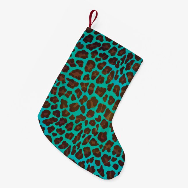 Meia De Natal Pequena Leopard Brown e Teal Impressão (Frente (Pendurada))