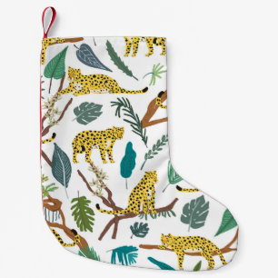 Meia De Natal Pequena Leopardos na selva, traçados à mão.