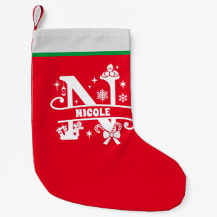 Meia De Natal Pequena Letra N Monograma Nome inicial Red White