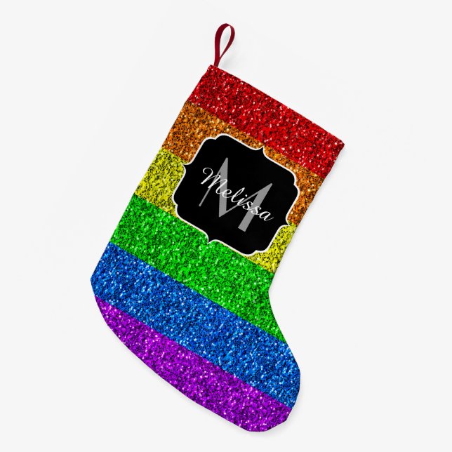 Meia De Natal Pequena LGBT indicador vibrante do arco-íris brilho Monogr (Frente (Pendurada))