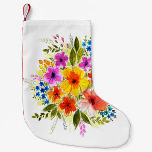 Meia De Natal Pequena Lindas flores, folhas, botões e ervas, pintadas