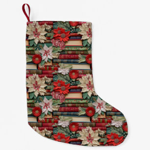 Meia De Natal Pequena Livro Lover Red White Poinsettia Floral Natal