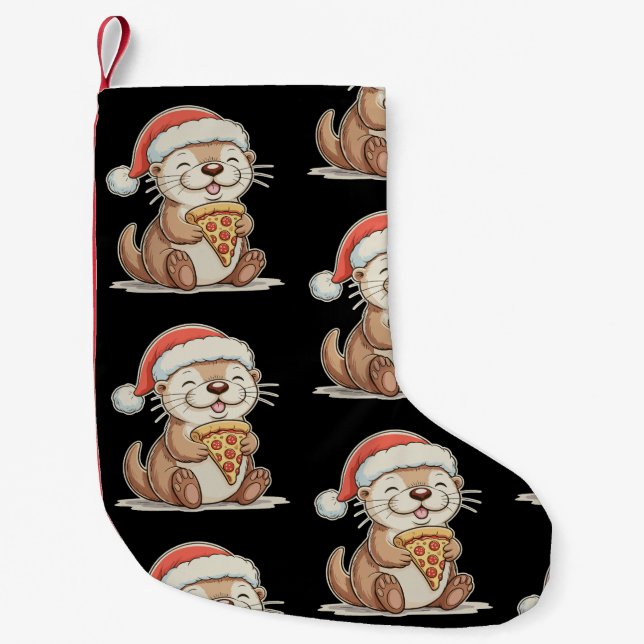 Meia De Natal Pequena Lontra Fofa de Natal Comendo Pizza Gorro de Natal  (Frente)