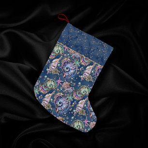 Meia De Natal Pequena Luxo subaquático azul Pás Douradas