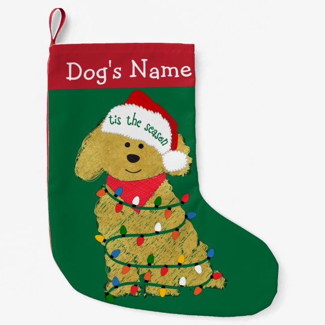 Meia De Natal Pequena Luzes de Natal personalizadas Goldendoodle (Frente)