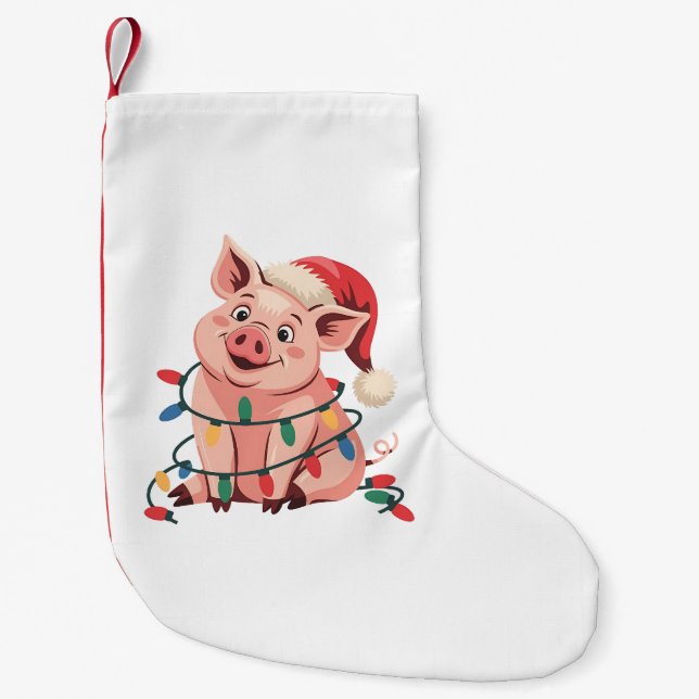 Meia De Natal Pequena Luzes de Natal Porco Vestindo Chapéu Natal - Pig L (Frente)
