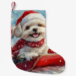 Meia De Natal Pequena Malti Tzu  Cachorro no Trenó Deixe Nevar Natal