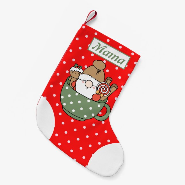 Meia De Natal Pequena Mama personalizada pontos brancos vermelhos Papais (Frente (Pendurada))